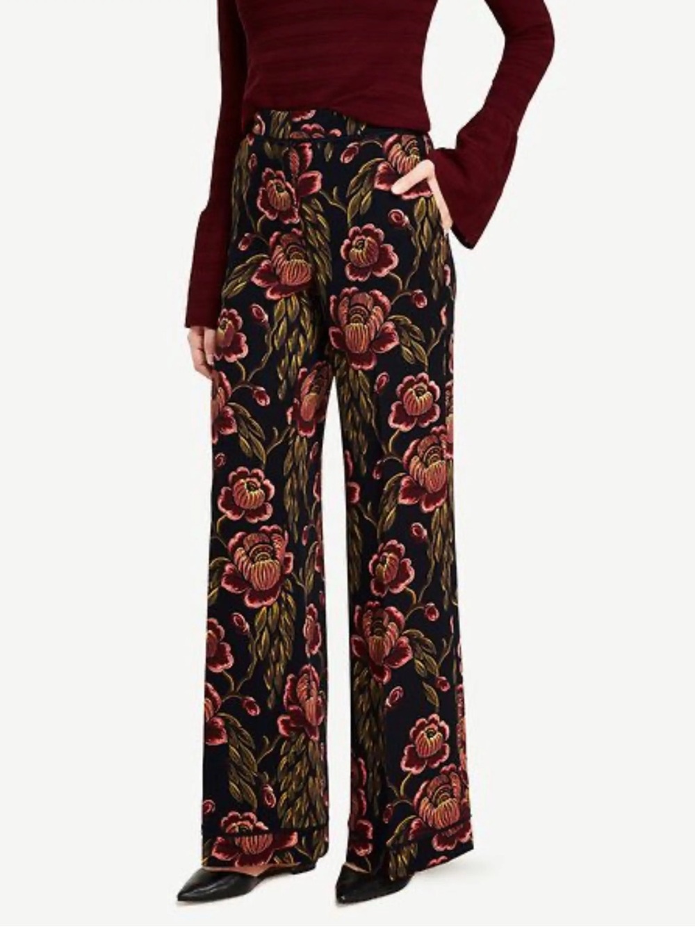 Coordinating Wide-Leg Trousers Set, V-Neck Burgundy Oversized Floral Print - Picture 4 of 14